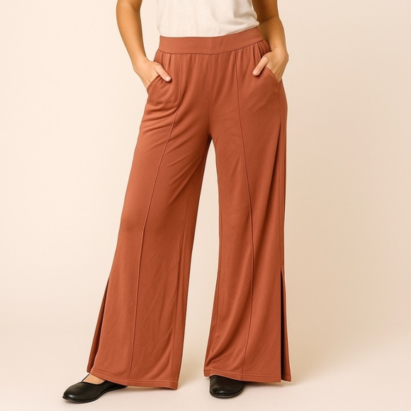 Adrienne Landau Pants - Adrienne Landau Cognac Brown Relaxed High Waisted Wide Leg Lounge Pants Size M